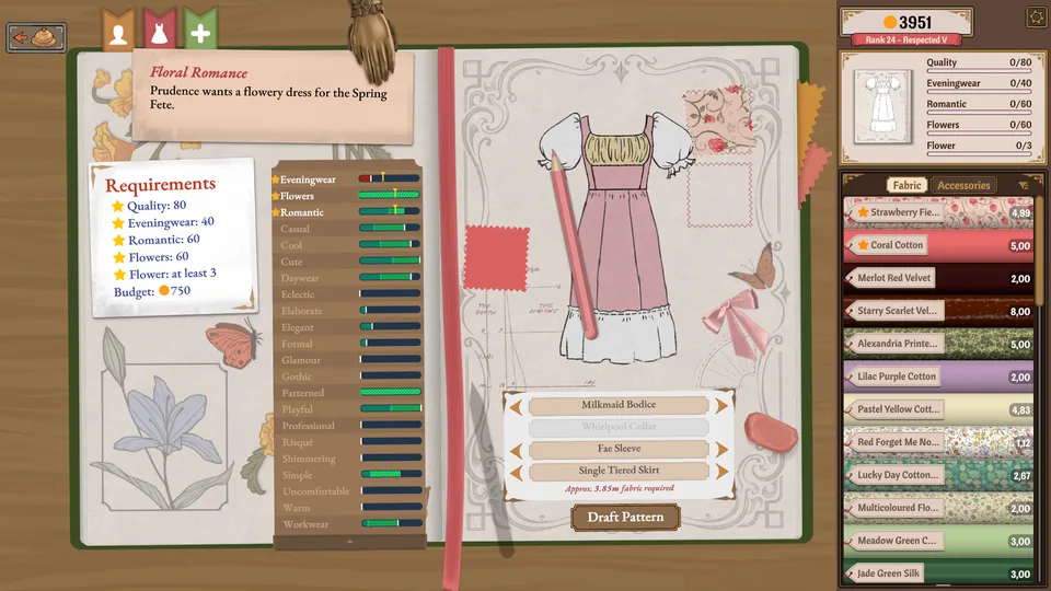 An open design notebook with a pink dress sketch and client requirements in the desktop Dressmaker game